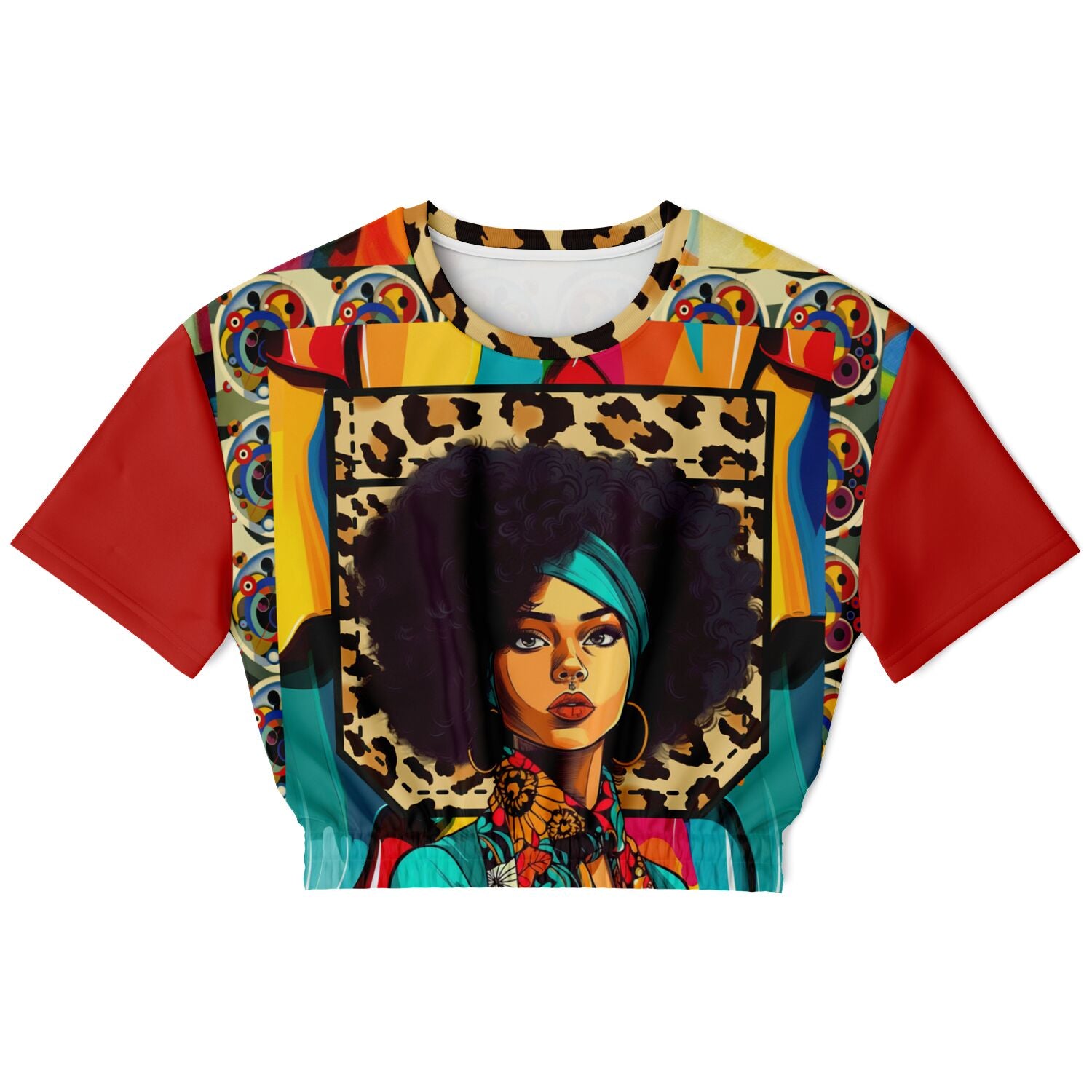 Afro-Queen Solace Cheetah Rainbow Geo Eco-Poly Short Sleeve Cropped Sweater