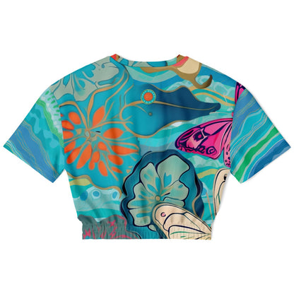 Bahamian Blue Waves Butterfly Eco-Poly Short Sleeve Cropped Sweatshirt