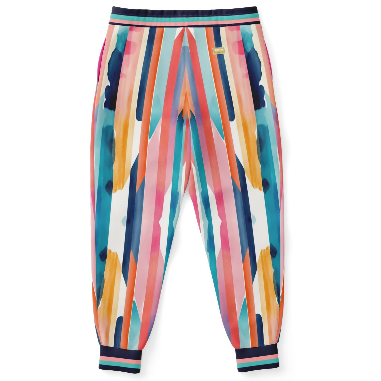 Joggers unisex de poliéster ecológico con rayas abstractas y lluvia en bloques de color rosa 