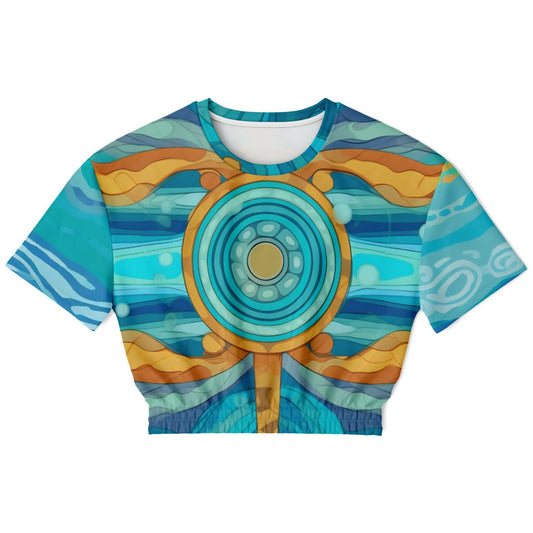 Bahamian Blue Waves Compass Eco-Poly Short Sleeve Cropped Sweater