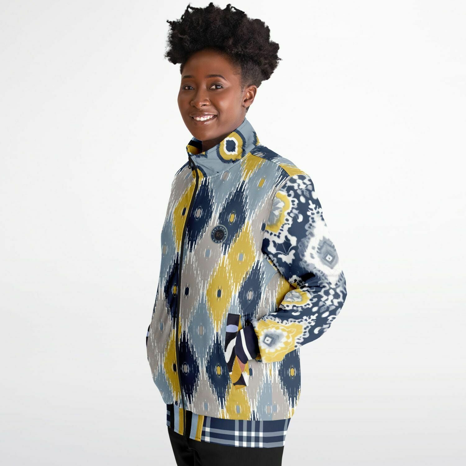 Chaqueta deportiva unisex de poliéster ecológico batik indio azul marino real y amarillo 