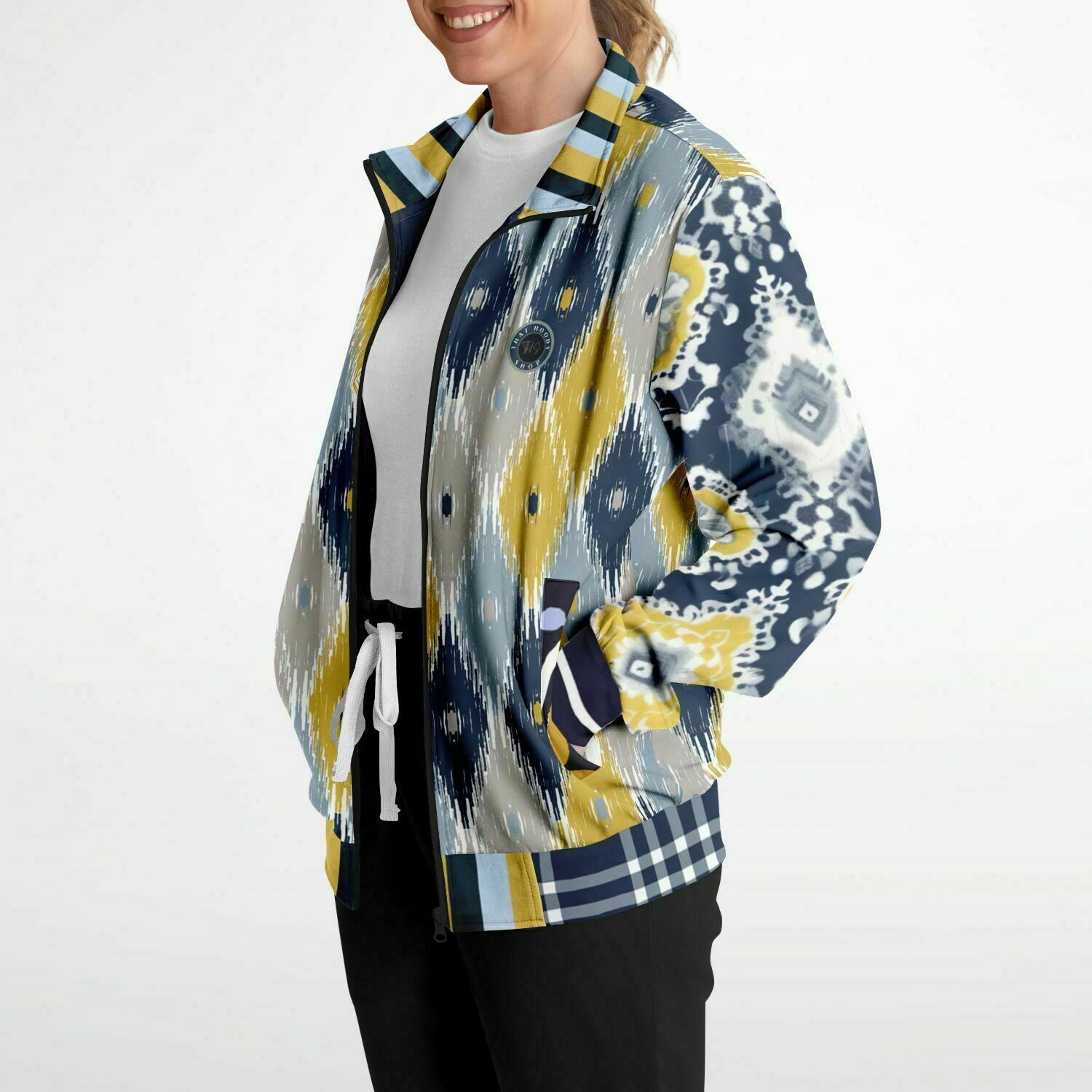 Chaqueta deportiva unisex de poliéster ecológico batik indio azul marino real y amarillo 