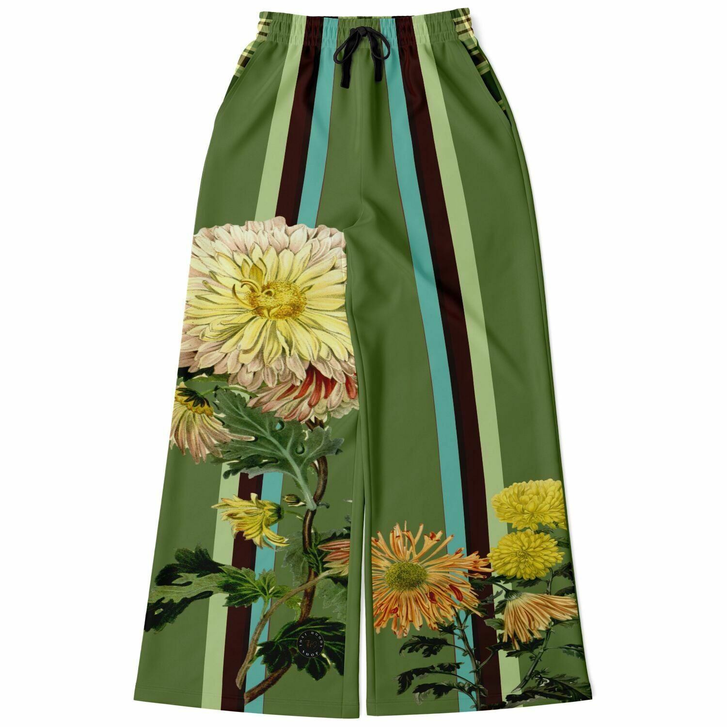 Green Caravan Striped Floral Eco-Poly Wide Leg Pants