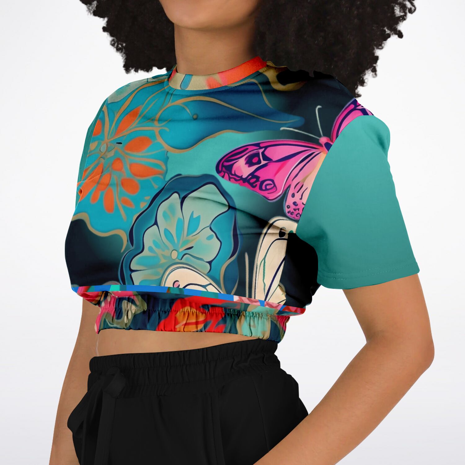 Midnight Butterfly Melody Eco-Poly Short Sleeve Cropped Sweater