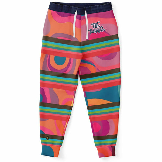 Joggers unisex de poliéster ecológico con rayas geométricas retro color brillante 