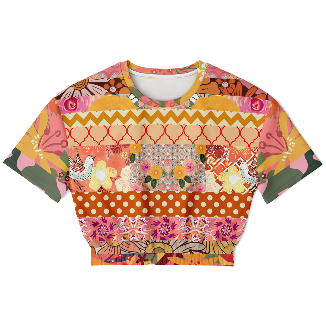 Yogananda Striped Floral Patchwork Short Sleeve Cropped Eco-Poly Sweater