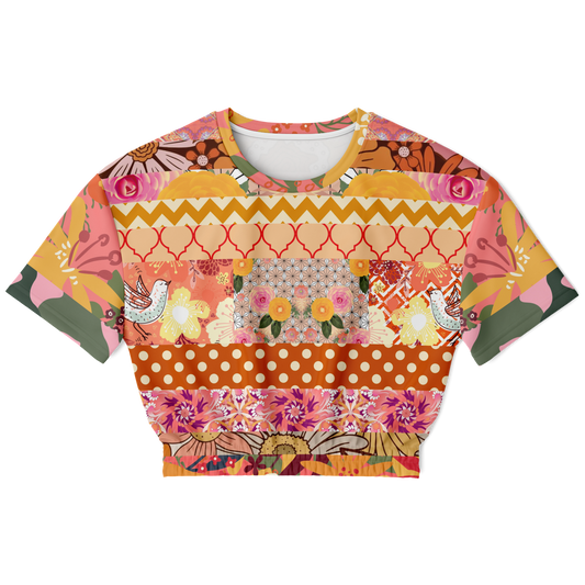 Yogananda Striped Floral Patchwork Short Sleeve Cropped Eco-Poly Sweater