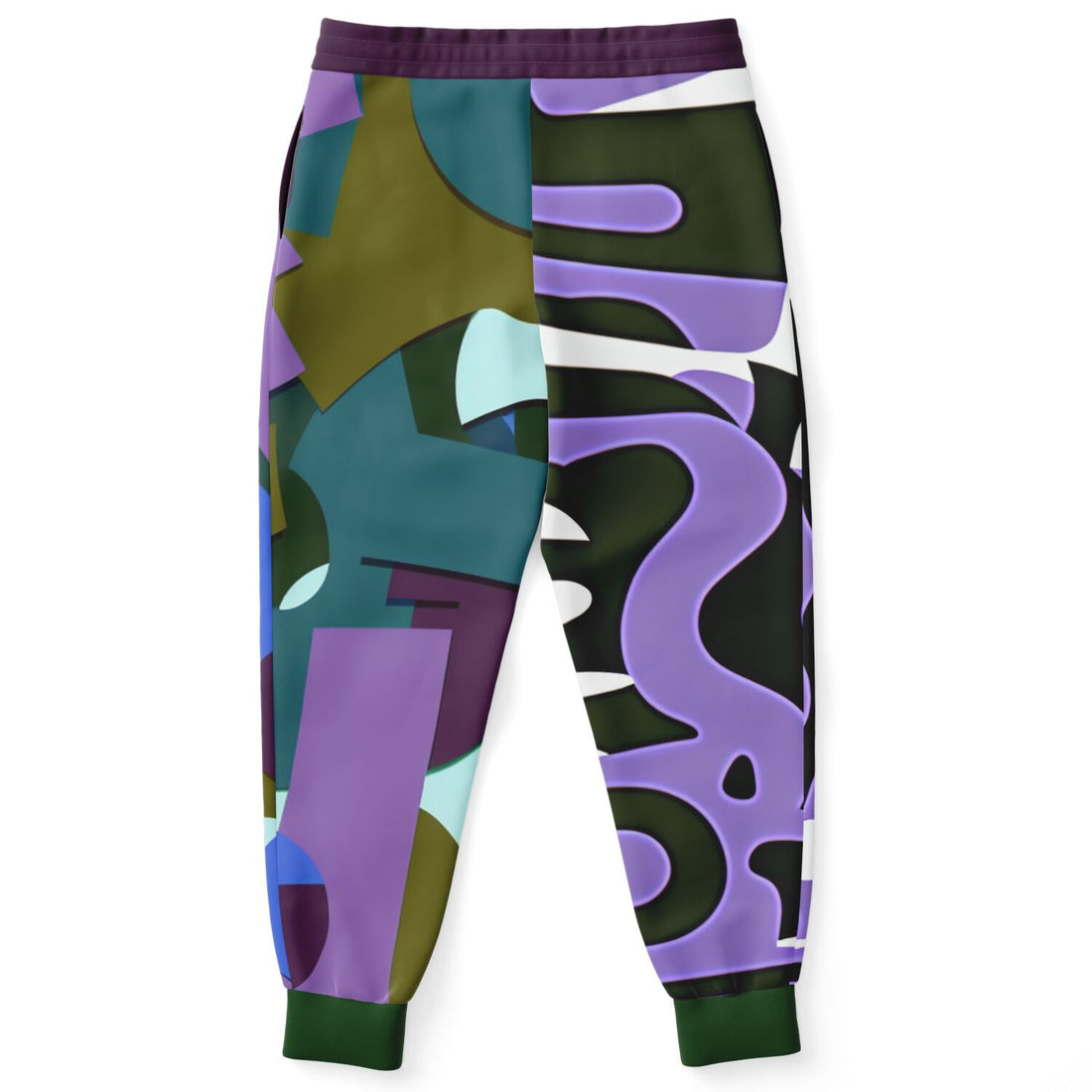 Joggers unisex de poliéster ecológico con bloques de color abstractos de Purple Rhapsody 