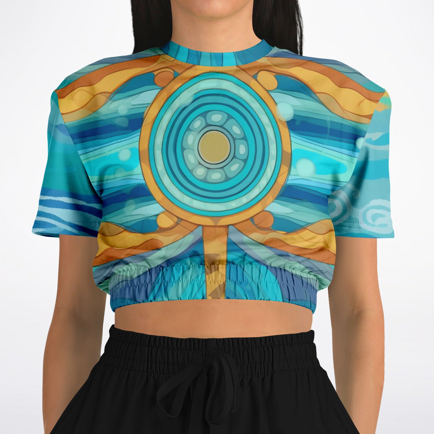 Bahamian Blue Waves Compass Eco-Poly Short Sleeve Cropped Sweater