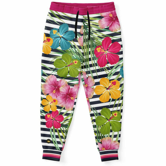 Jailhouse Plumeria - Joggers unisex de poliéster ecológico con rayas florales 