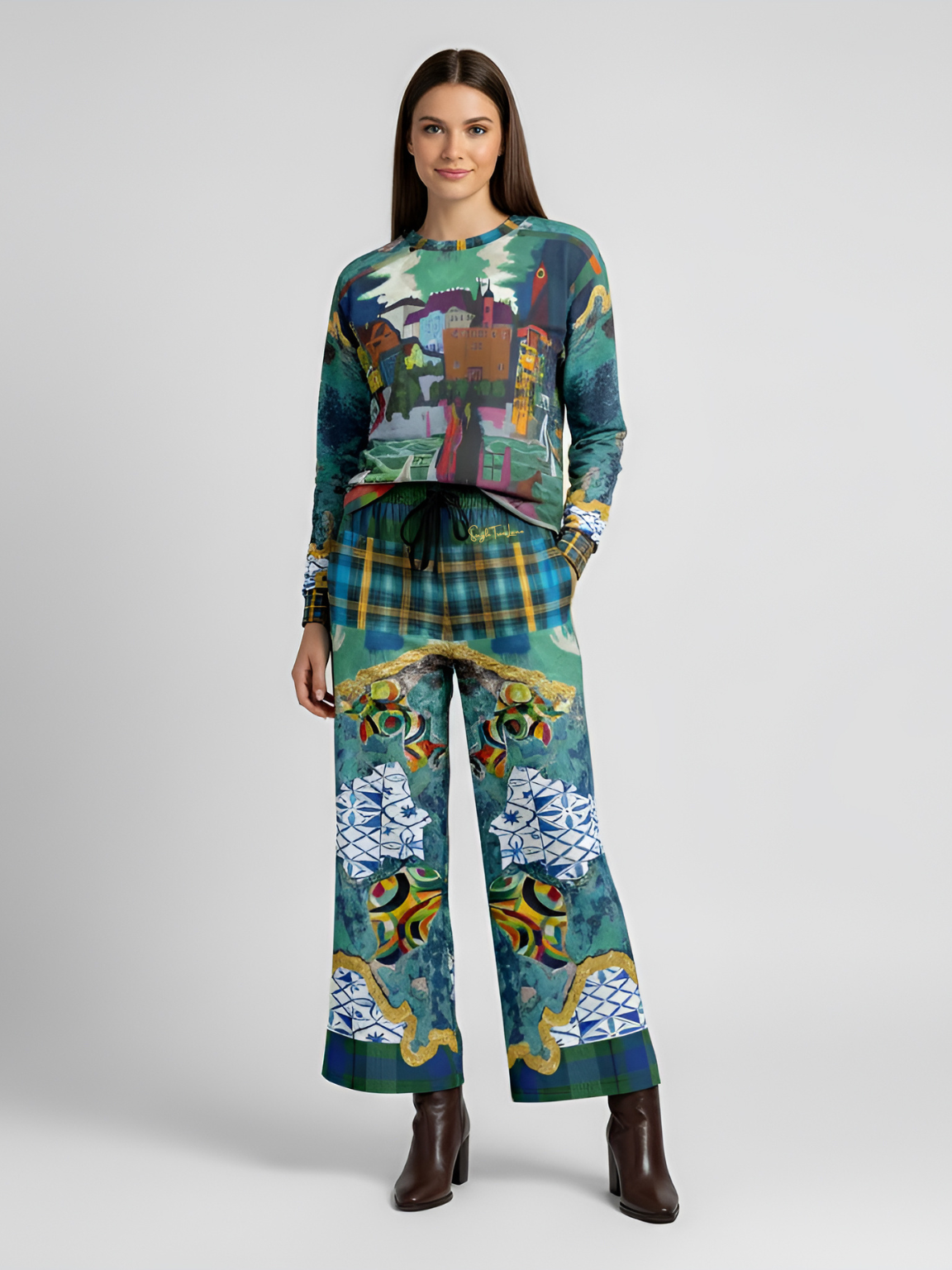 Basel at the Rhine Abstract Patchwork Eco-Poly Wide Leg Pants