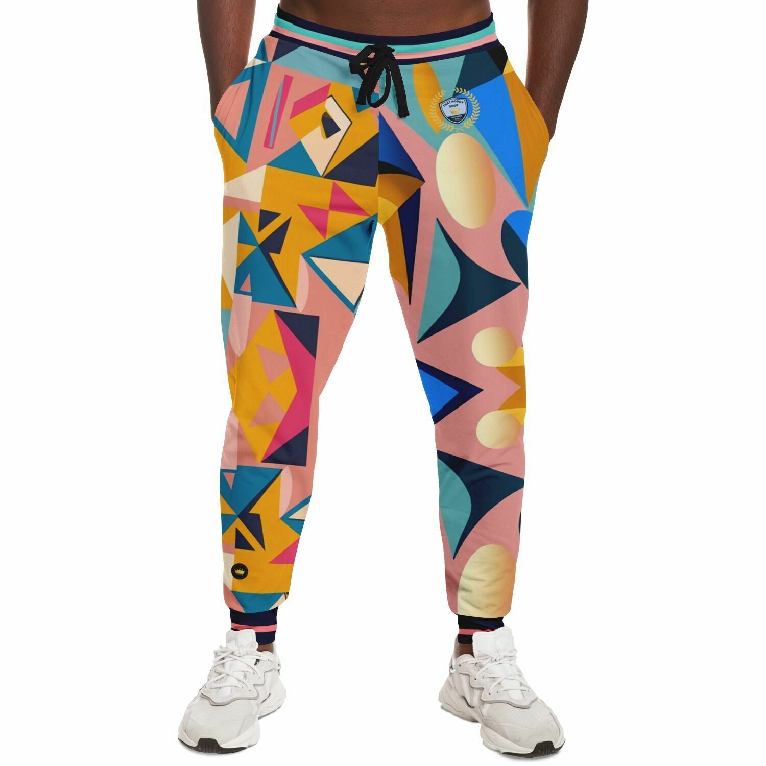 Joggers unisex de poliéster ecológico con estampado geométrico de cubismo rosa 