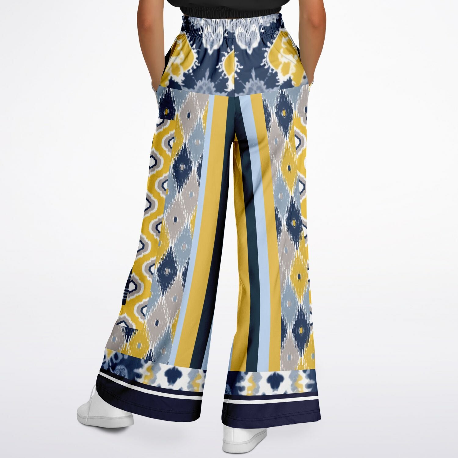 Pantalones anchos de poliéster ecológico batik indio azul marino real y amarillo 