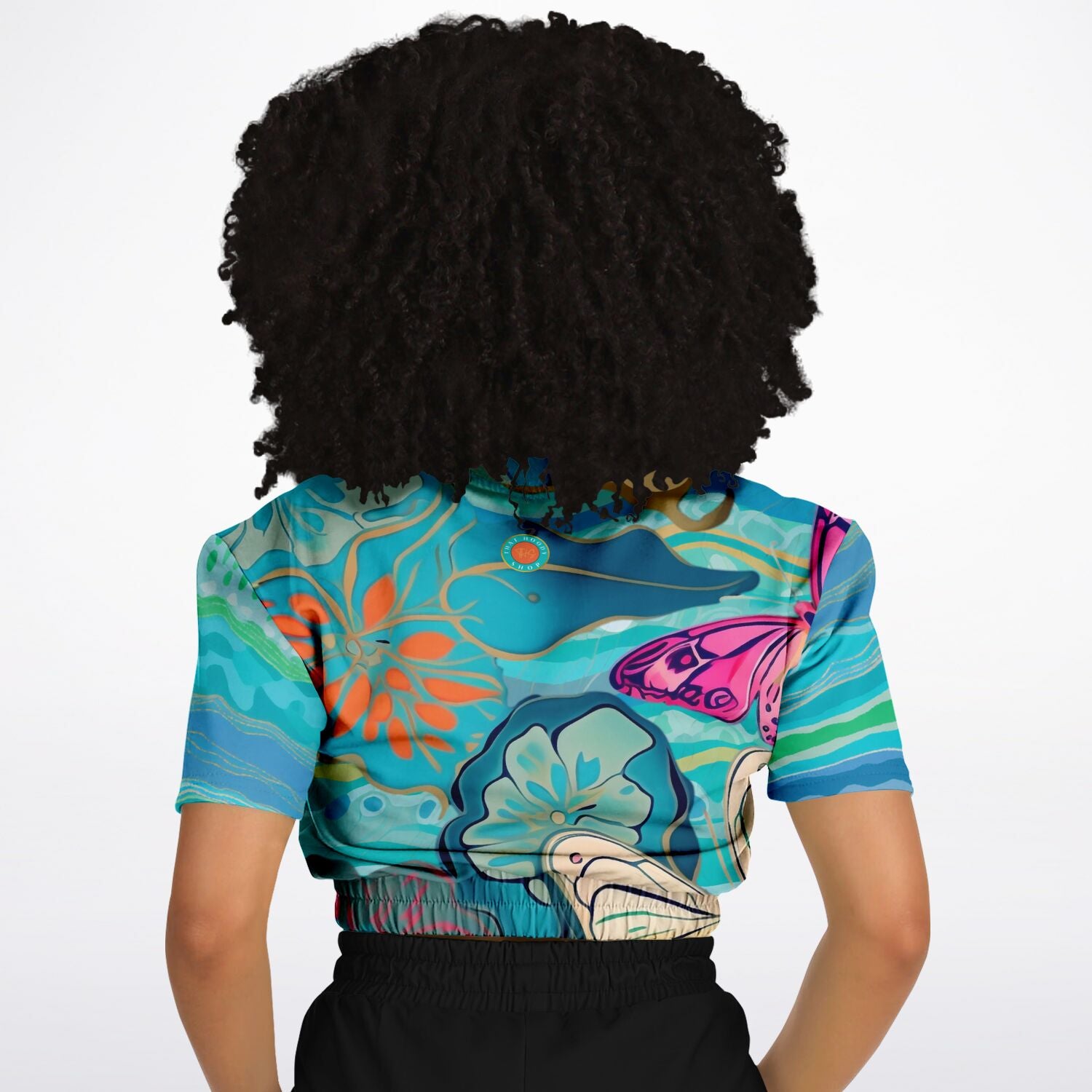 Bahamian Blue Waves Butterfly Eco-Poly Short Sleeve Cropped Sweatshirt