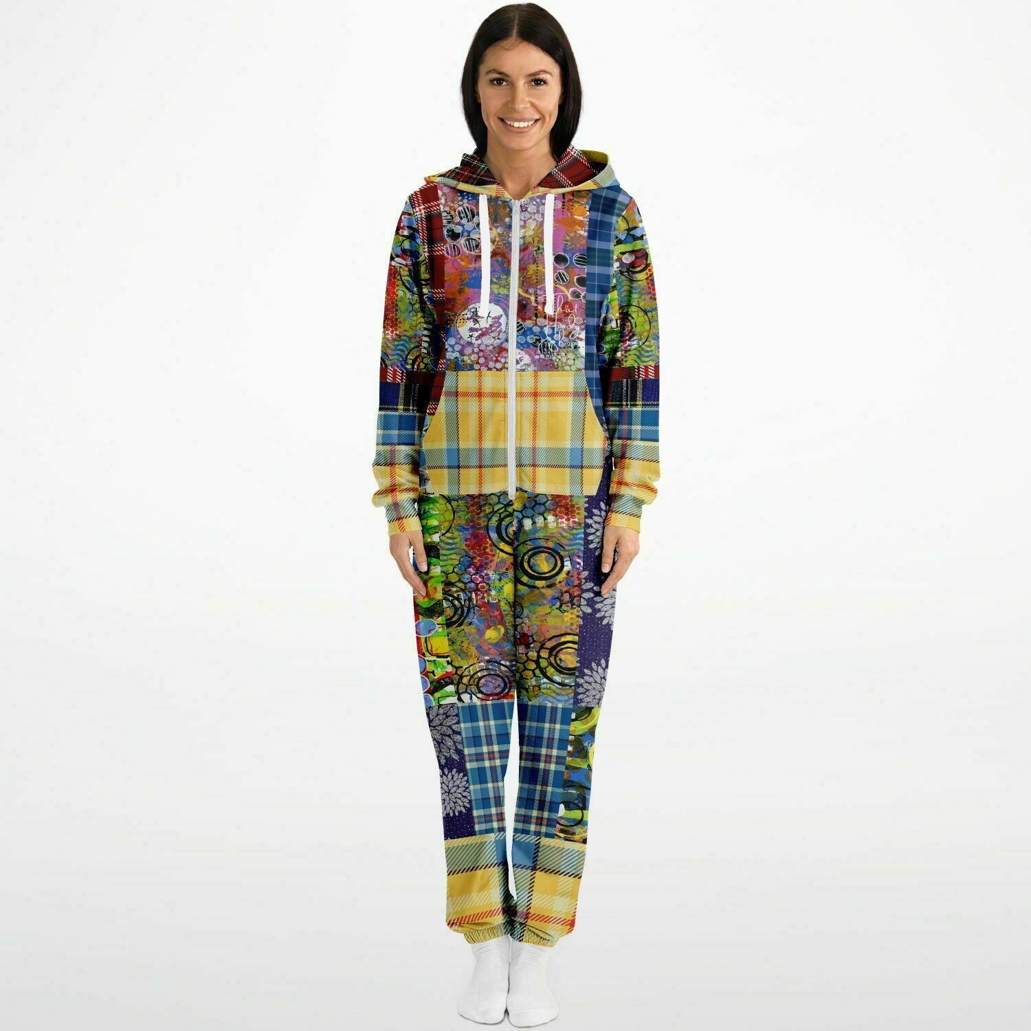 Barcelona Plaid Geometric Patchwork Unisex Fleece Romper