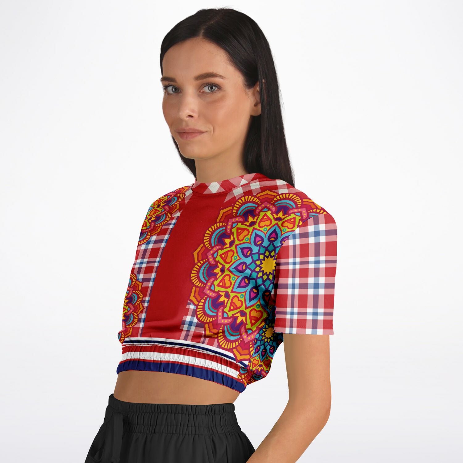 Hippy-Dippy Plaid Eco-Poly Cropped Short Sleeve Sweater