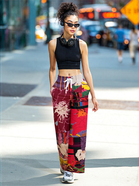 Birds of a Feather in Abstract Floral Stripe Eco-Poly  Eco-Poly Wide Leg Pants