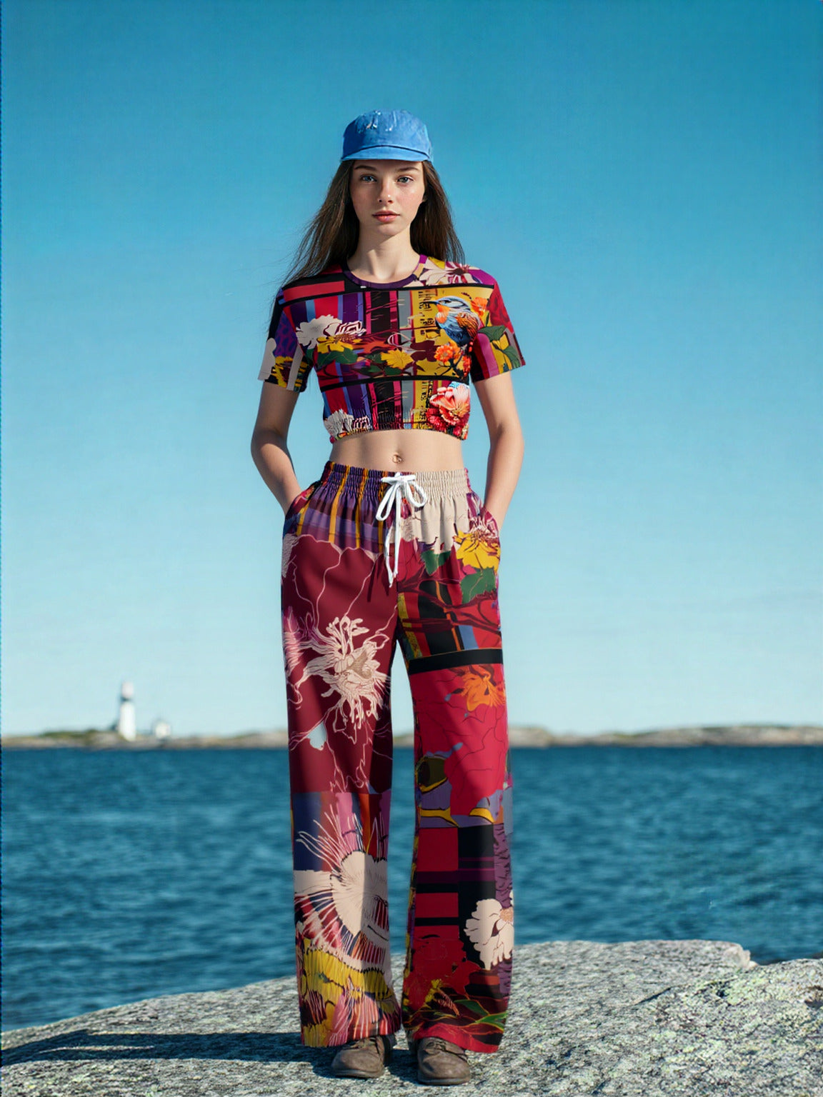 Birds of a Feather in Abstract Floral Stripe Eco-Poly  Eco-Poly Wide Leg Pants