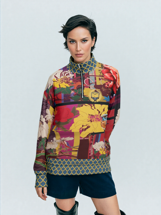 Birds of a Feather in Abstract Floral Stripe Heavyweight Quarter Zip Unisex Pullover