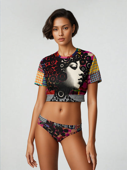 Black Queen in Afrocentric Technicolor Eco-Poly Short Sleeve Cropped Pullover