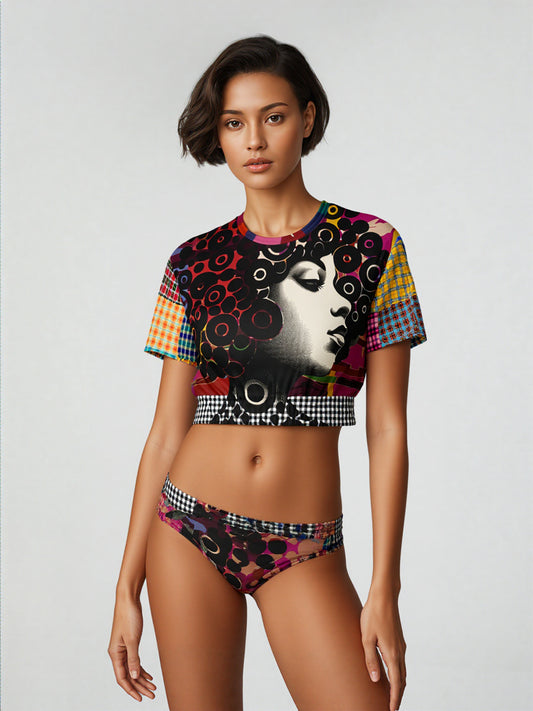Black Queen in Afrocentric Technicolor Eco-Poly Short Sleeve Cropped Pullover