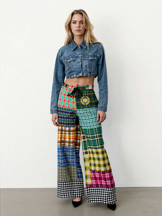 Black Queen in Afrocentric Technicolor Plaid Eco-Poly Wide Leg Pants