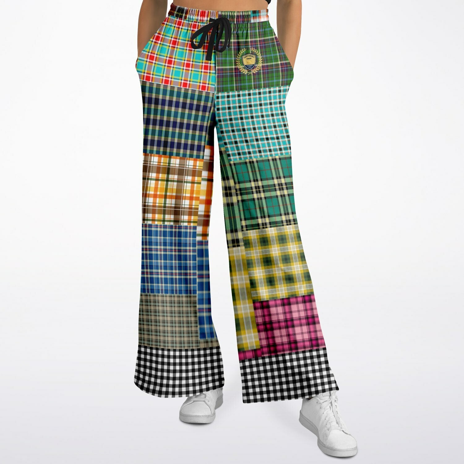 Black Queen in Afrocentric Technicolor Plaid Eco-Poly Wide Leg Pants
