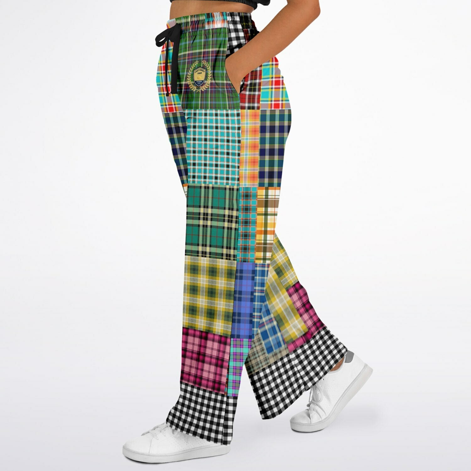 Black Queen in Afrocentric Technicolor Plaid Eco-Poly Wide Leg Pants
