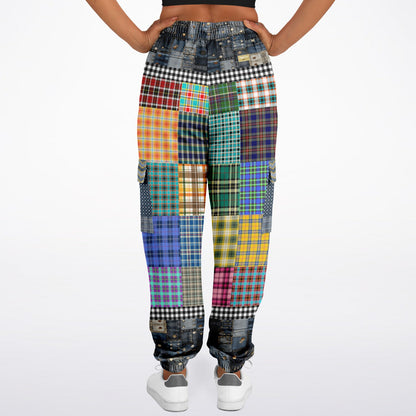 Black Queen in Afrocentric Technicolor Plaid and Denim Patchwork Eco-Poly Cargo Joggers