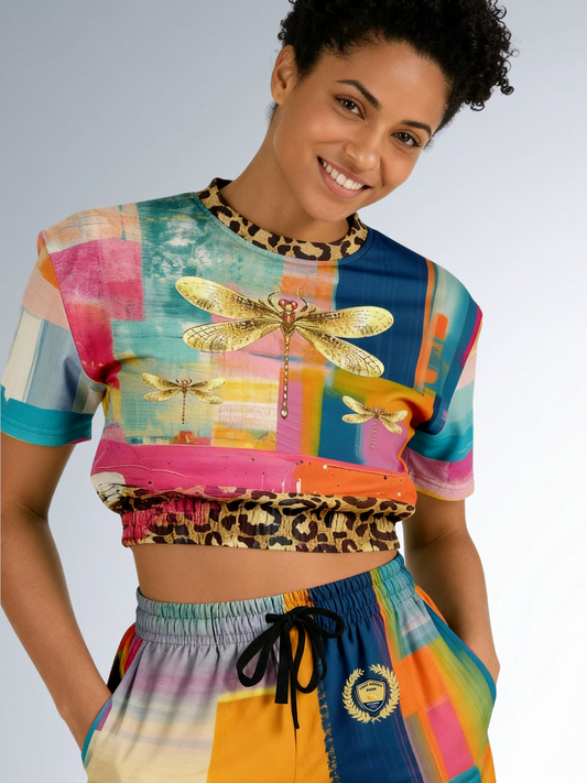 Blue Dragonfly Abstract Colorblock Patchwork Eco-Poly Short Sleeve Cropped Pullover