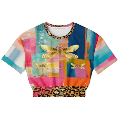 Blue Dragonfly Abstract Colorblock Patchwork Eco-Poly Short Sleeve Cropped Pullover