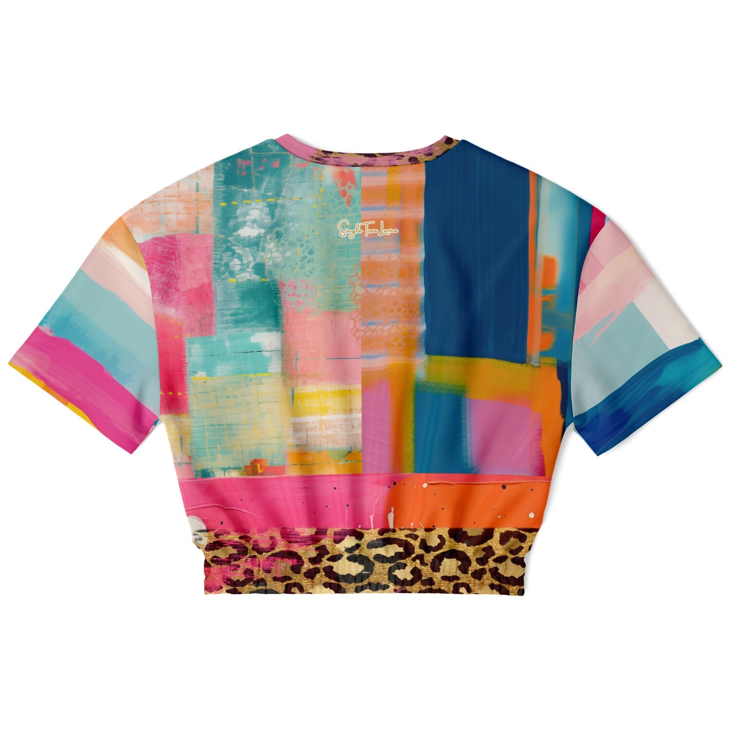 Blue Dragonfly Abstract Colorblock Patchwork Eco-Poly Short Sleeve Cropped Pullover