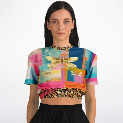 Blue Dragonfly Abstract Colorblock Patchwork Eco-Poly Short Sleeve Cropped Pullover
