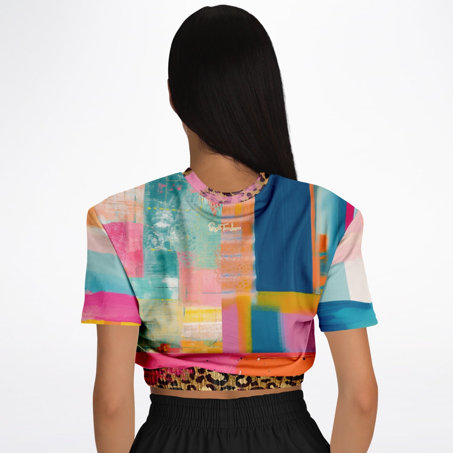 Blue Dragonfly Abstract Colorblock Patchwork Eco-Poly Short Sleeve Cropped Pullover