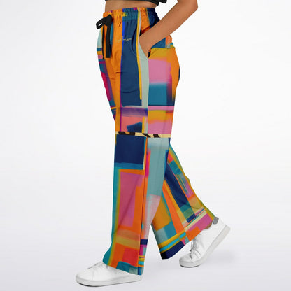 Blue Dragonfly Abstract Colorblock Patchwork Eco-Poly Wide Leg Pants