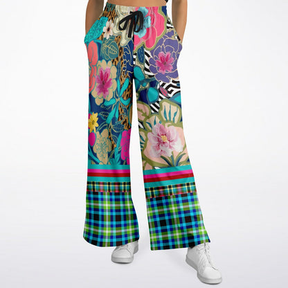 Blue Petunia Floral Stripe Eco-Poly Wide Leg Pants