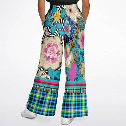 Blue Petunia Floral Stripe Eco-Poly Wide Leg Pants