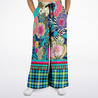 Blue Petunia Floral Stripe Eco-Poly Wide Leg Pants