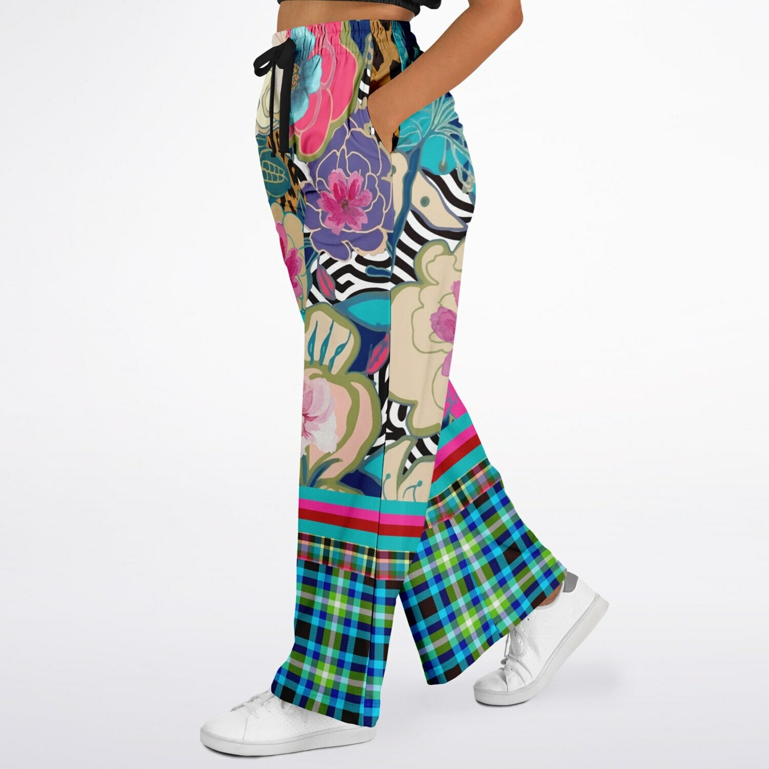 Blue Petunia Floral Stripe Eco-Poly Wide Leg Pants