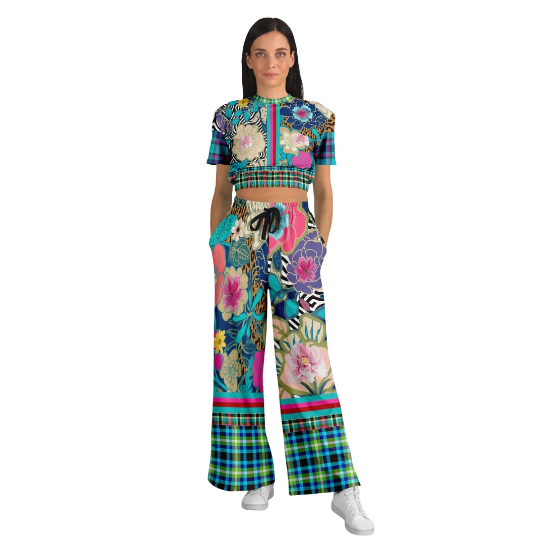 Blue Petunia Floral Stripe Eco-Poly Wide Leg Pants