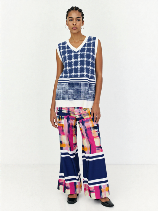 Wimbledon in Full Color Plaid Eco-Poly Wide Leg Pants
