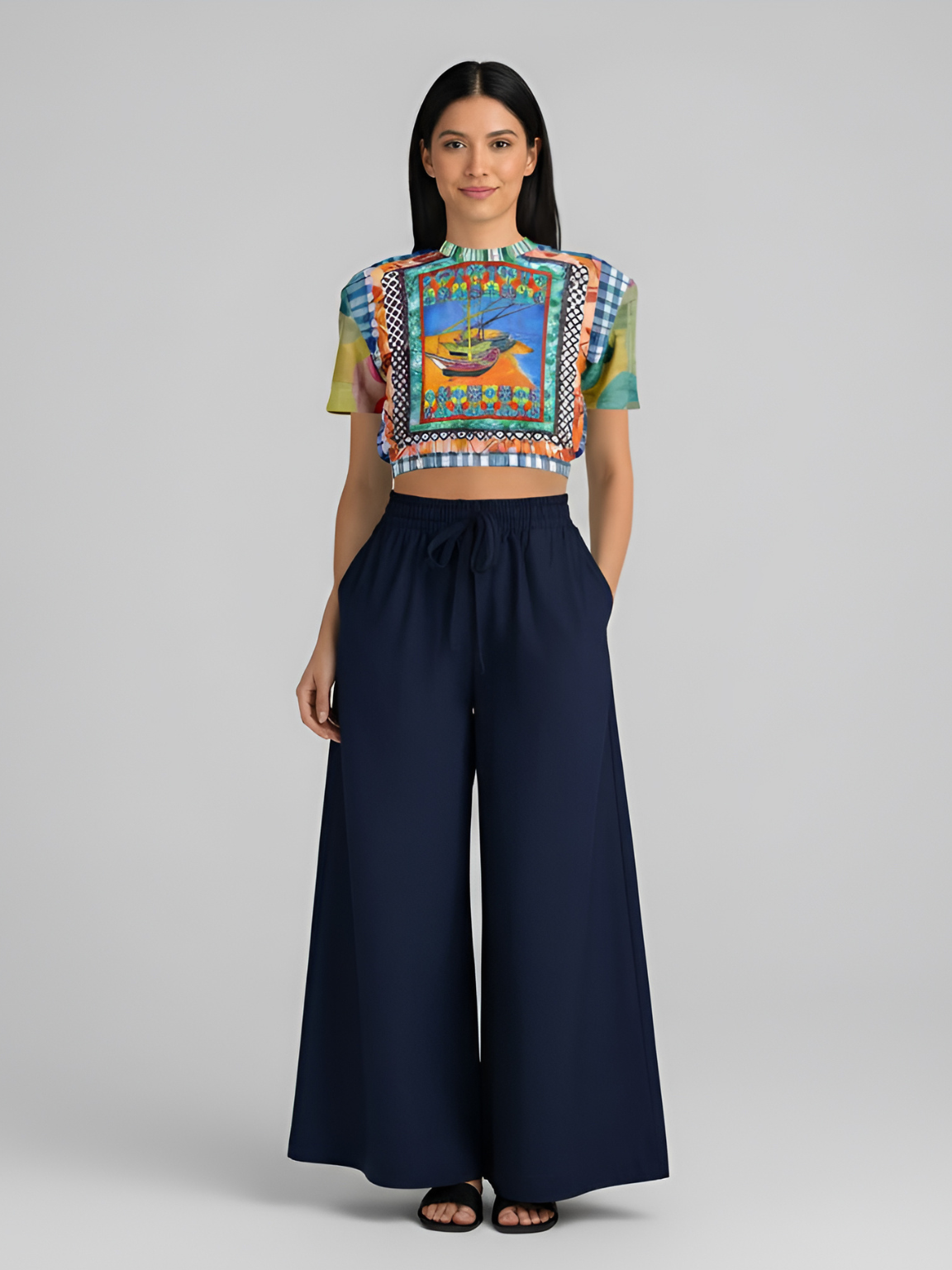 Boats of the Saint Marys Patchwork Eco-Poly Short Sleeve Cropped Pullover