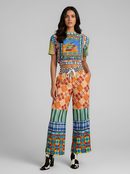 Boats of the Saint Marys Patchwork Eco-Poly Short Sleeve Cropped Pullover