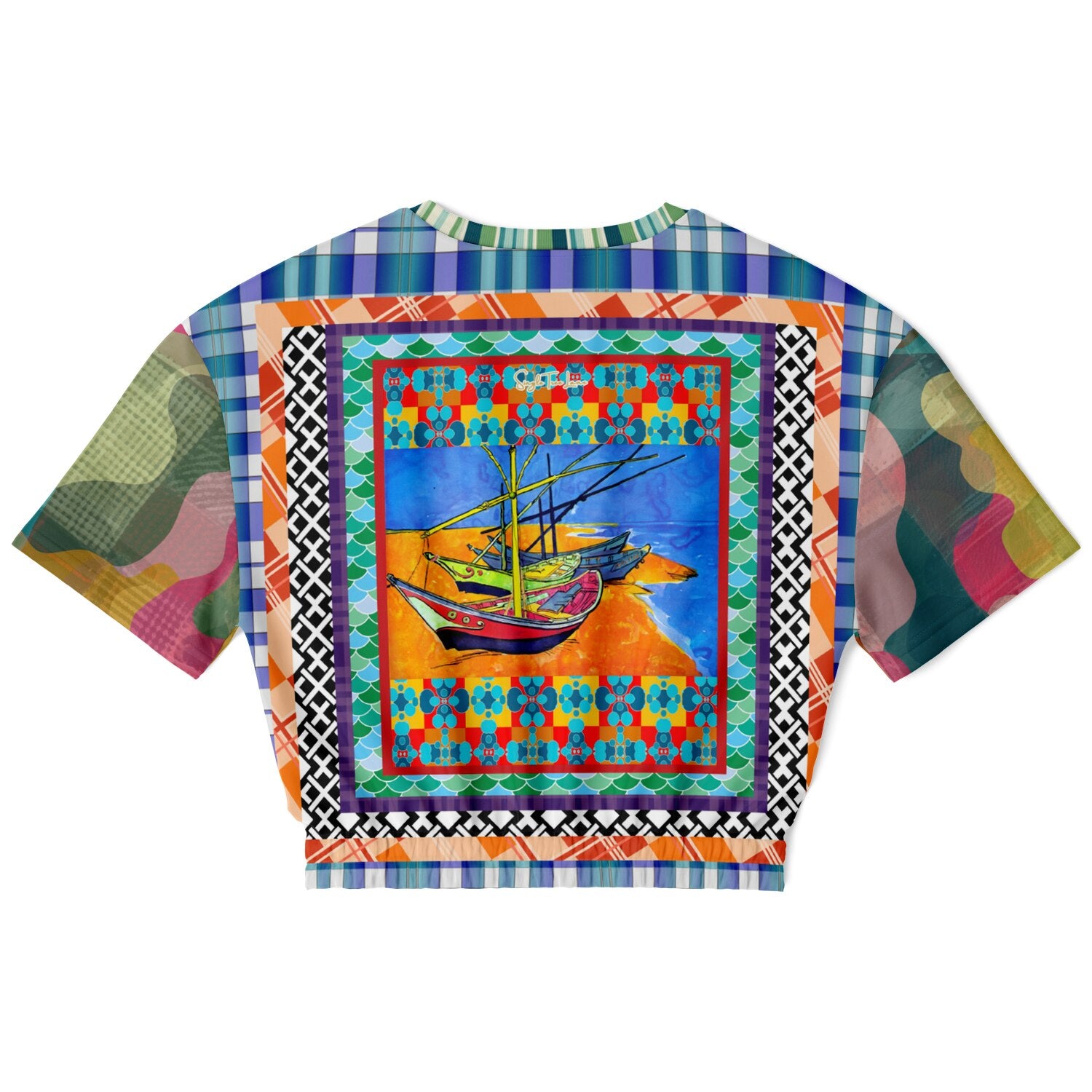 Boats of the Saint Marys Patchwork Eco-Poly Short Sleeve Cropped Pullover