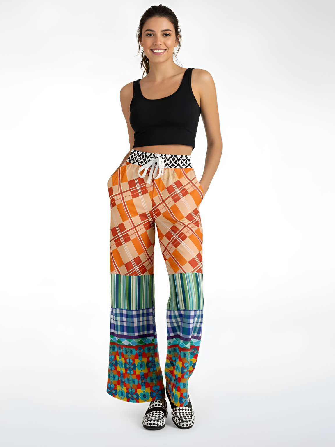 Boats of the Saint Marys Plaid Patchwork Eco-Poly Wide Leg Pants