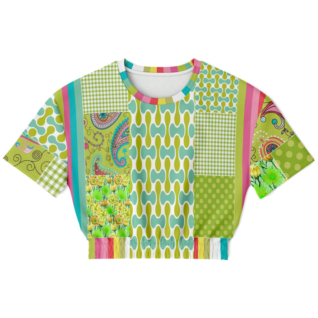 Green Anjou Pear Patchwork Eco-Poly Short Sleeve Cropped Sweater