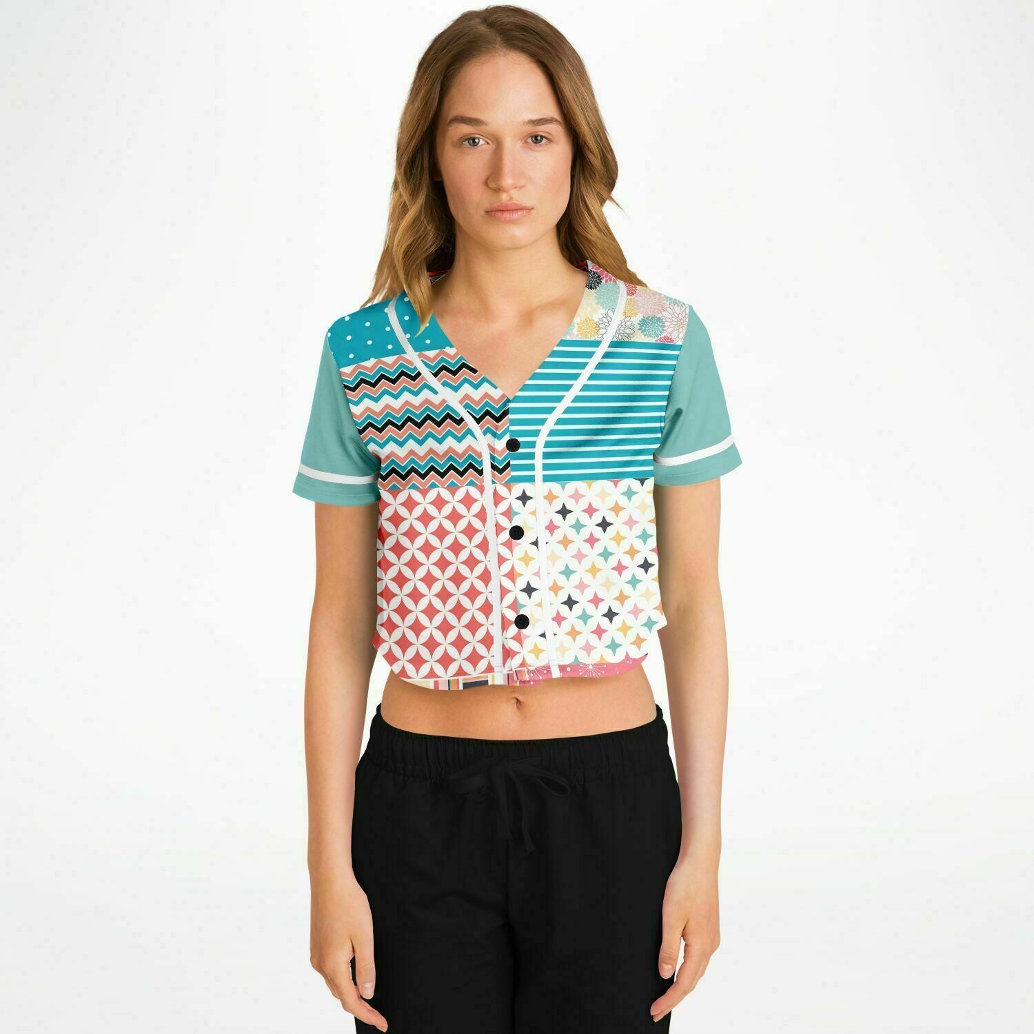 Old Miami Geo Patchwork Cropped Button Front Eco-Poly Jersey