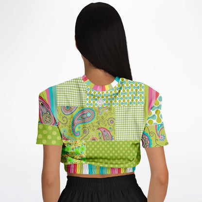 Green Anjou Pear Patchwork Eco-Poly Short Sleeve Cropped Sweater