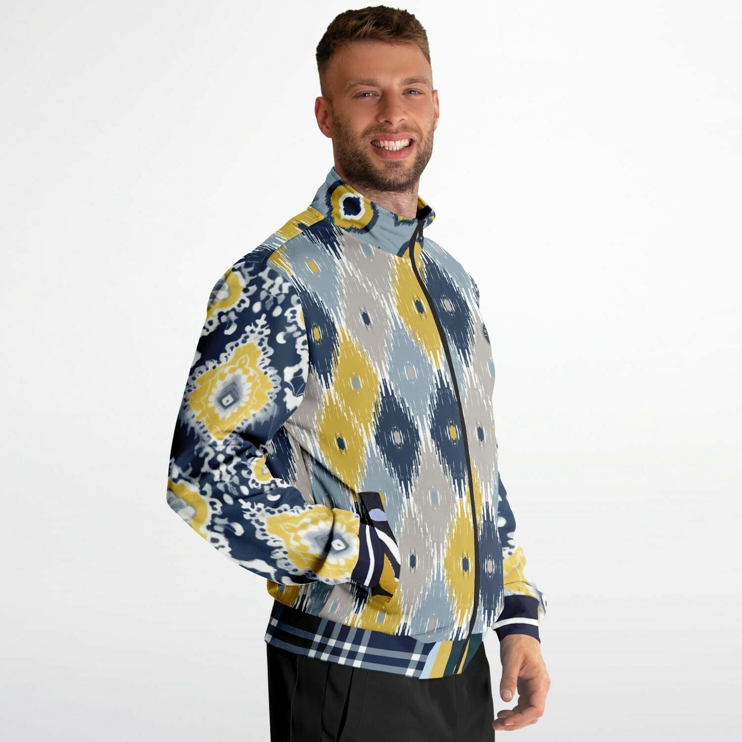 Chaqueta deportiva unisex de poliéster ecológico batik indio azul marino real y amarillo 