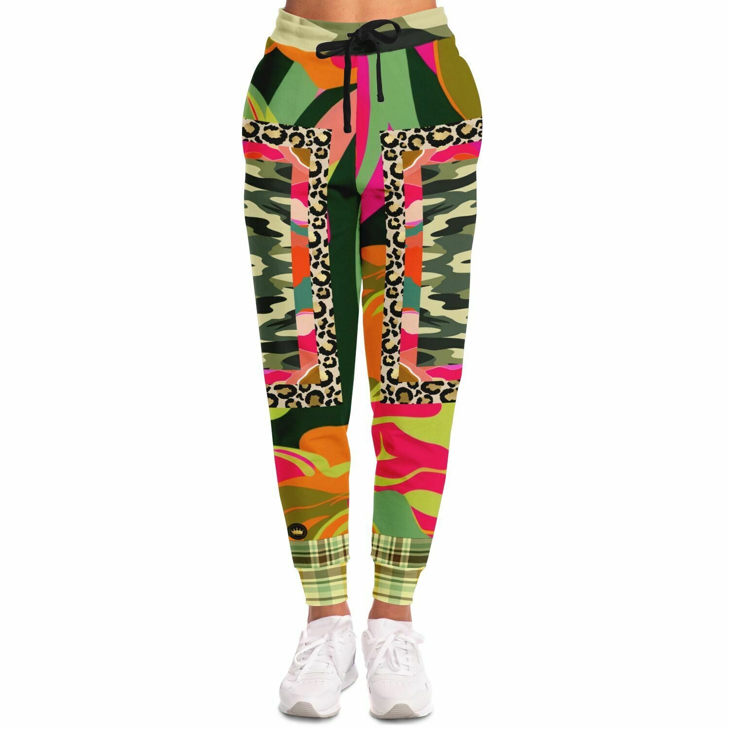 Joggers unisex de poliéster ecológico a cuadros de camuflaje floral Mardi Gras rosa 